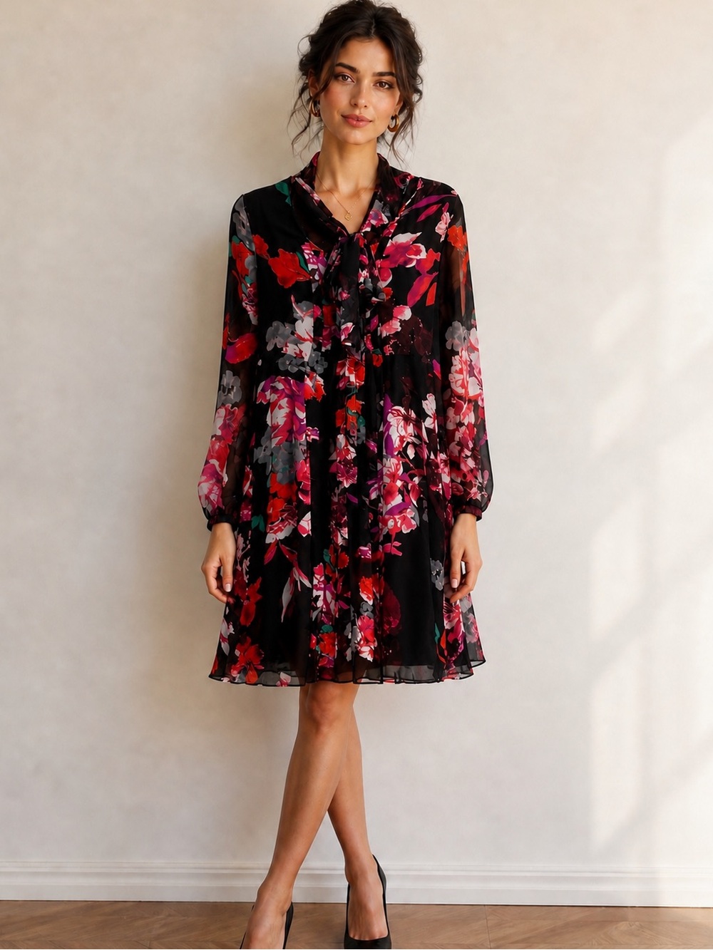 Red and black Long Sleeve dress with attached tie in the front.